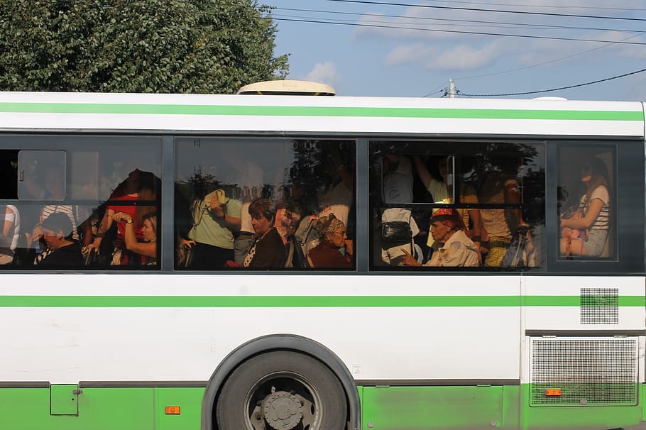 ônibus, passageiros, preenchido, geléia, transporte, passageiro, pessoas, cidade, multidão, rússia