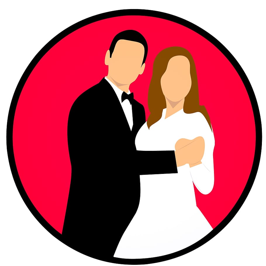 ilustração, feliz, casal, casamento., casamento, casado, ícone, noiva, noivo, coração