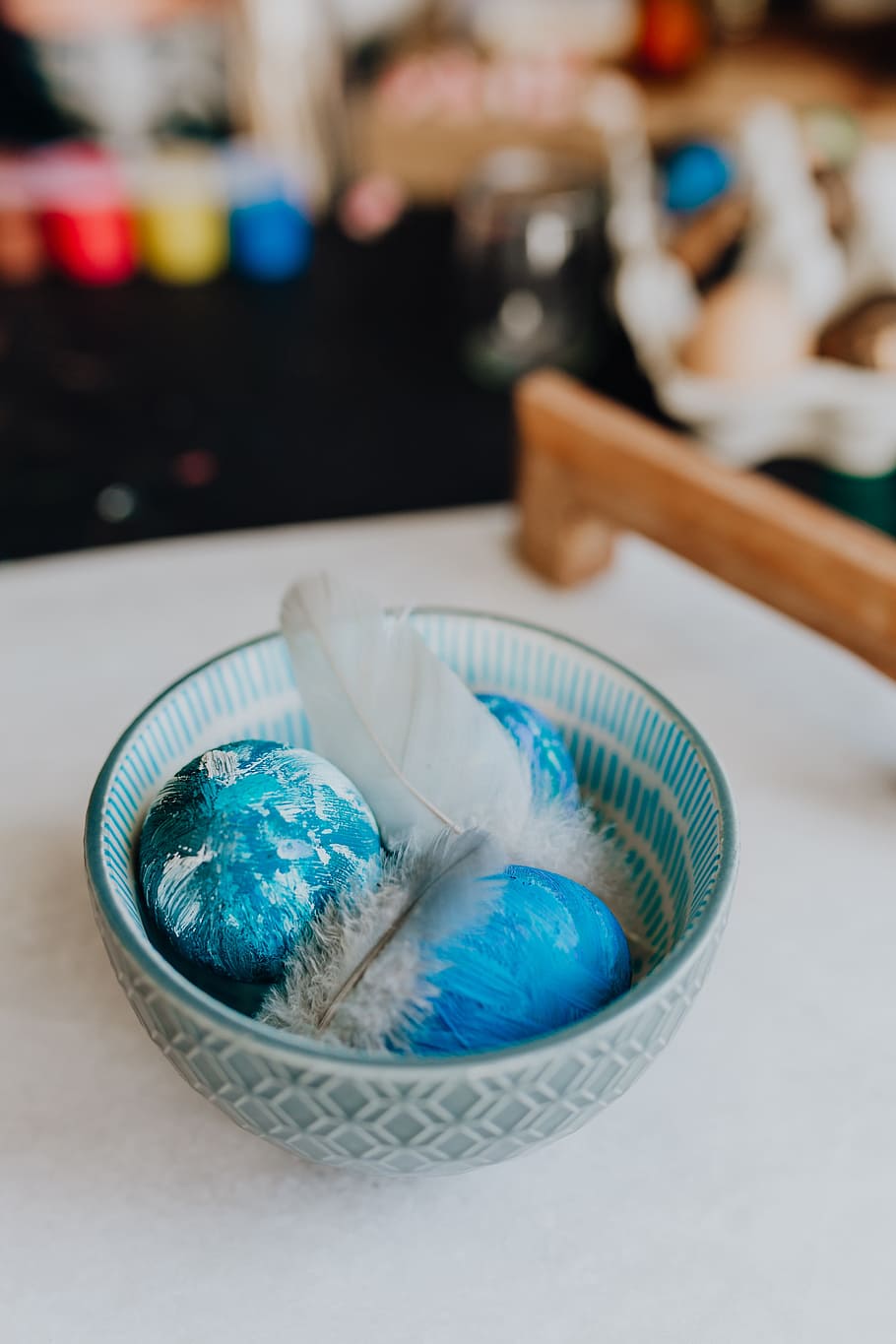 blue easter eggs, blue, eggs, colorful, easter, painted, focus on foreground, table, still life, close-up