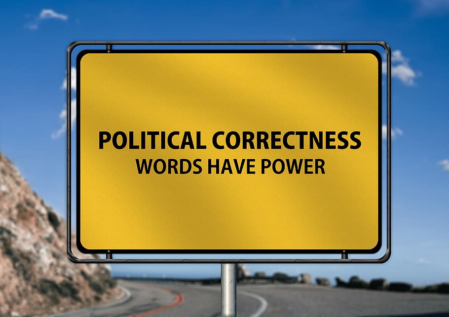 politically, correctly, road sign, traffic sign, shield, note, town sign, right, false, expression