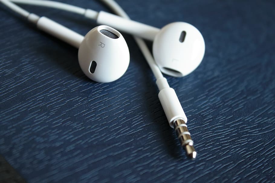 iPhone earpods, music, background, blue, headphones, iphone, ios, close-up, two objects, indoors