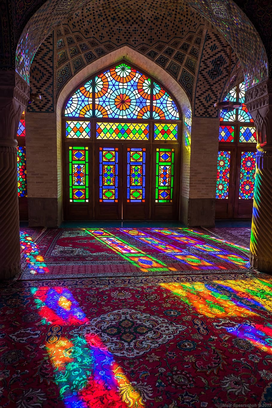 nasir al mulk mosque, shiraz, iran, sun, window, mosque, multi colored, indoors, arch, pattern