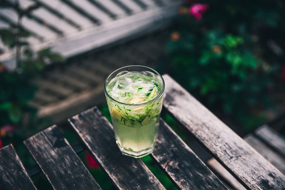 cucumber water, served, glass, wooden, bench, beverage, drink, green, tropical, closeup