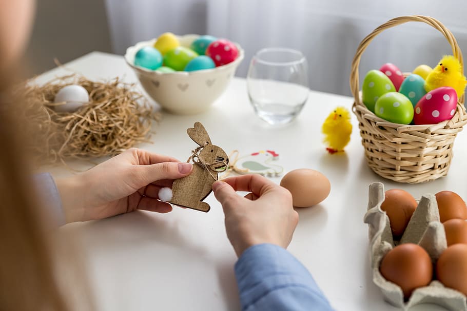 female, hands, made, wooden, easter ornaments, ornaments., happy, easter!, food, food and drink