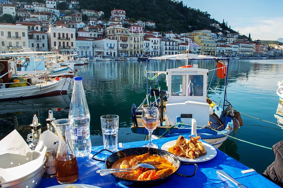 seafood, greece, boat, sun, landscape, seascape, sea, water, summer, greek