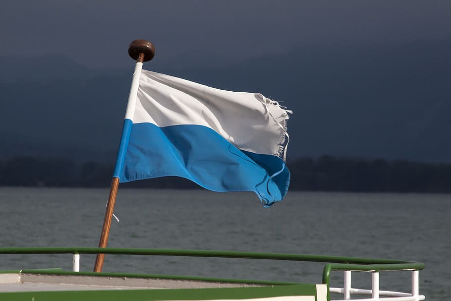 flag, blue, white, sky, flutter, water, forest, ship, bavaria, patriotism