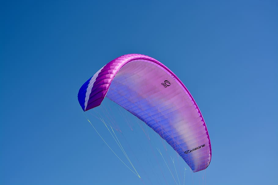 paragliding, paraglider, ozone wing, flow blue-mauve, aircraft, fly, flight, sport, entertainment, activity