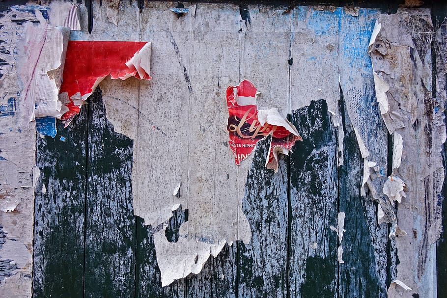 fence, wooden fence, plank, placard, poster, flaking, old, paper, torn, wall - building feature