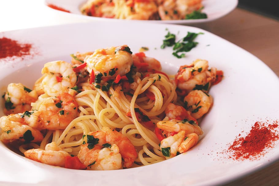 pasta and prawns, food and Drink, prawn, prawns, seafood, shrimp, shrimps, food, plate, ready-to-eat