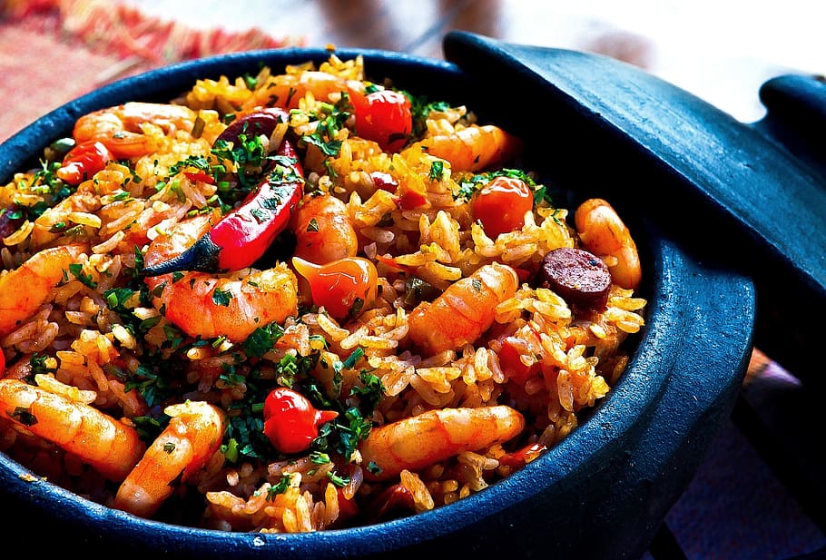 spanish paella, chili, chorizo, dinner, paella, rice, saffron, seafood, shrimps, spanish