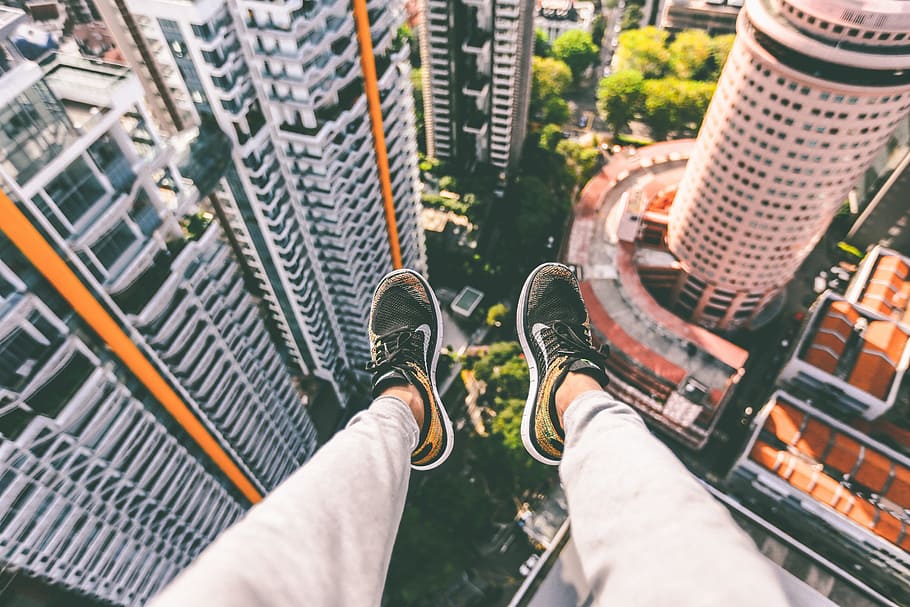 feet, overlooking, height, sit, top, skyscraper, building, architecture, personal perspective, human body part