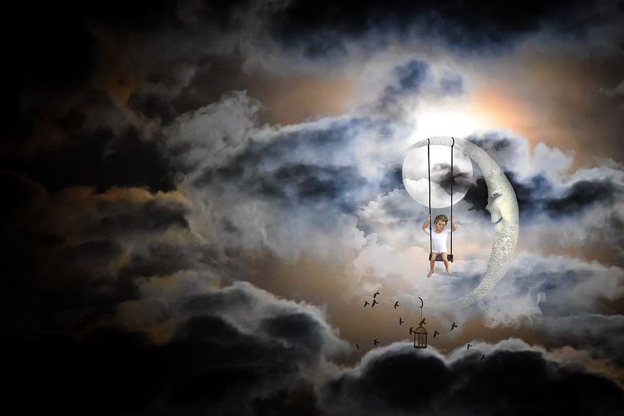 swing, child, moon, clouds, painting, graphic, art, sky, cloud - sky, nature