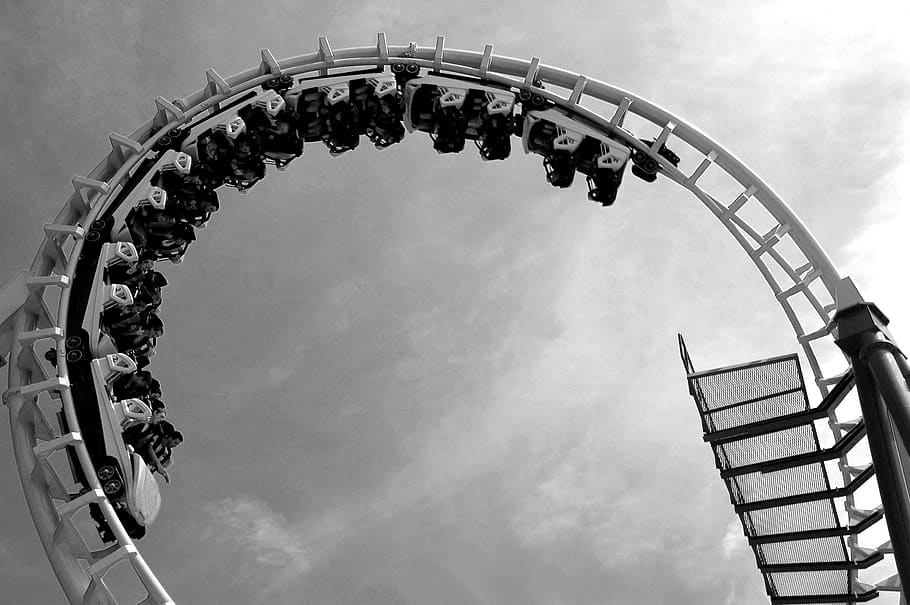 roller coaster, ride, thrill, monochrome, black and white, fun, speed, entertainment, panorama, sky