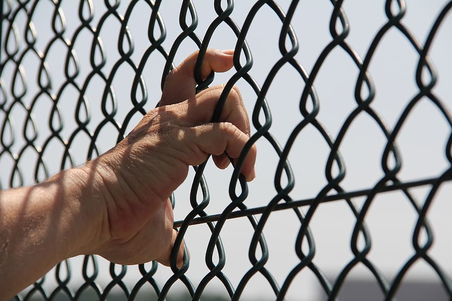 hand, grid, finger, touch, imprisoned, fence, boundary, barrier, human hand, metal