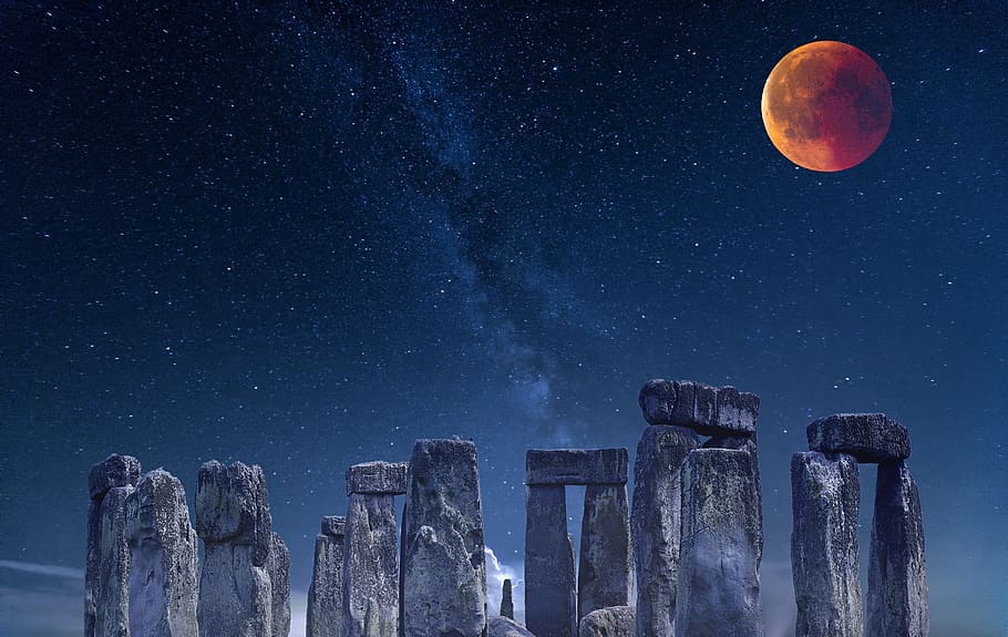 stonehenge, antiguo, noche, estrellas, vía láctea, luna, eclipse, luna de sangre, misticismo, cielo