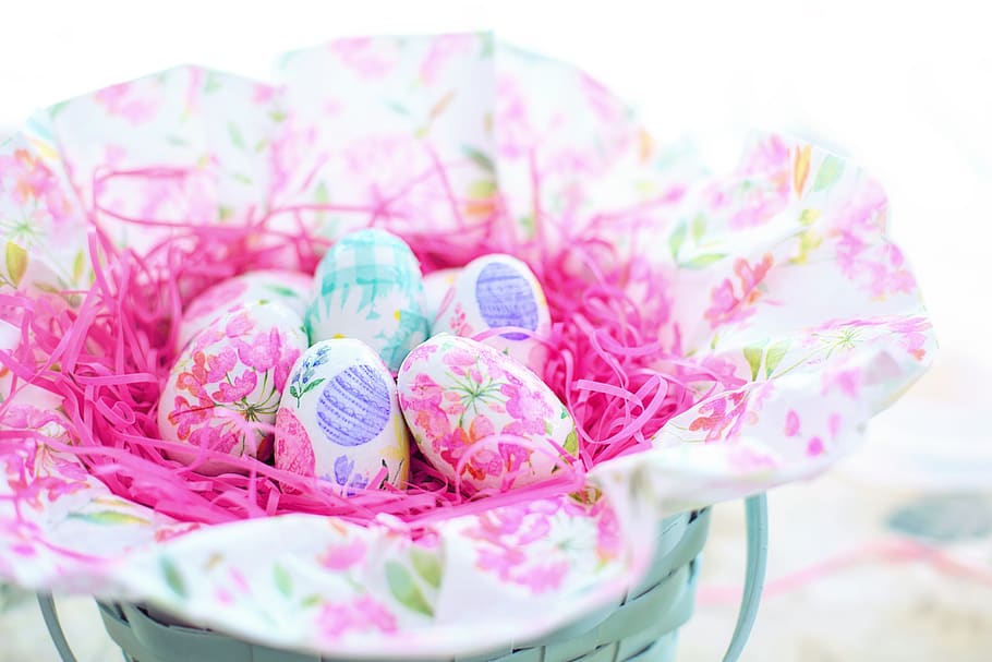 easter, basket, eggs, decoupage eggs, spring, colorful, pastels, food and drink, close-up, sweet food