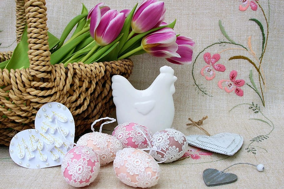 shopping cart, wicker, tulips, easter, decoration, embroidery, the tradition of, easter egg, easter basket, easter holidays