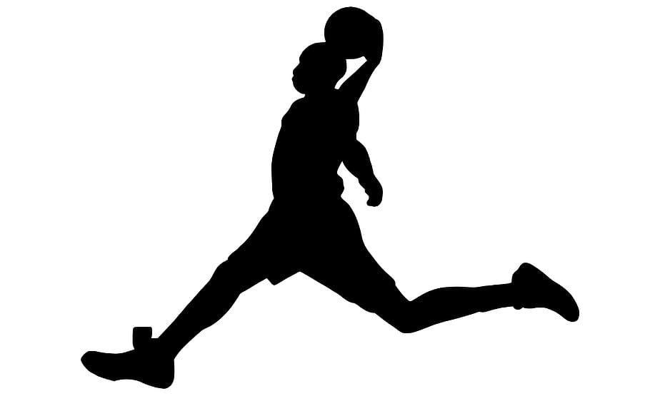silhueta, jogador de basquete, pronto, dunk., basquete, atividade, atlético, bola, campeonato, competição