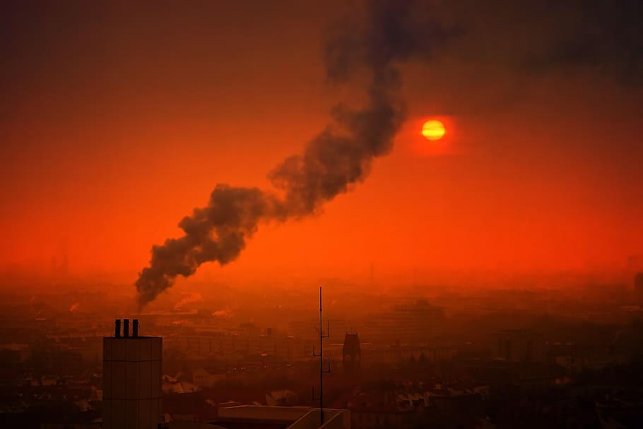 smoke, pollution, sunset, smog, air pollution, air, sun, red, orange, architecture