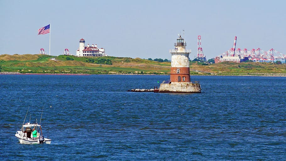 fisherman fishing, small, boat, new, york harbor, upper, york bay lighthouse, bayonne golf club, background., fishing boat