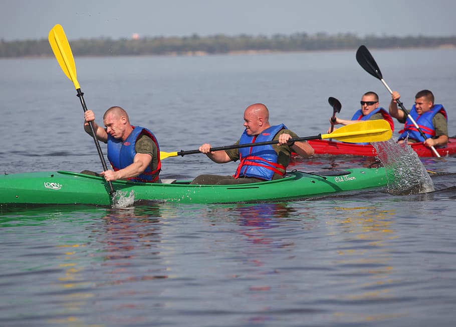 river, lake, kayak, kayaking, sport, activity, thrill, water, men, group of people