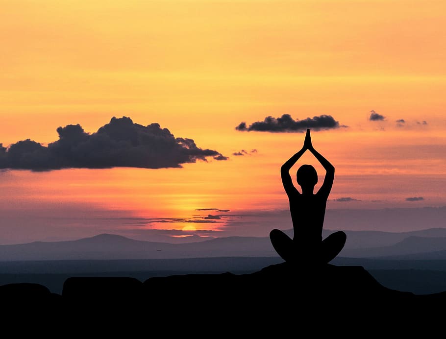 ioga, meditando, pose, relaxar, mulher, céu, nuvens, natureza, Pôr do sol, silhueta
