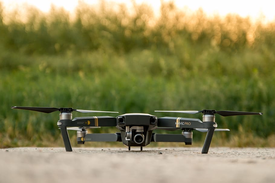 newest, drone, filming, ready, flight, field, day, land, grass, selective focus