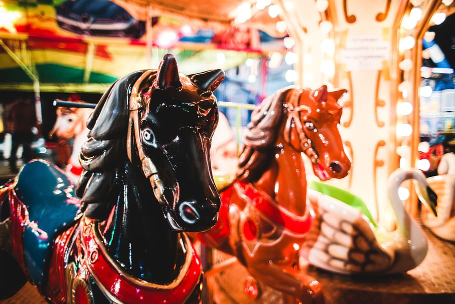 tradicional, cavalos de carrossel, diversão, feira, passeio, carrosséis, parque de diversões, cavalos, noite, espaço para texto
