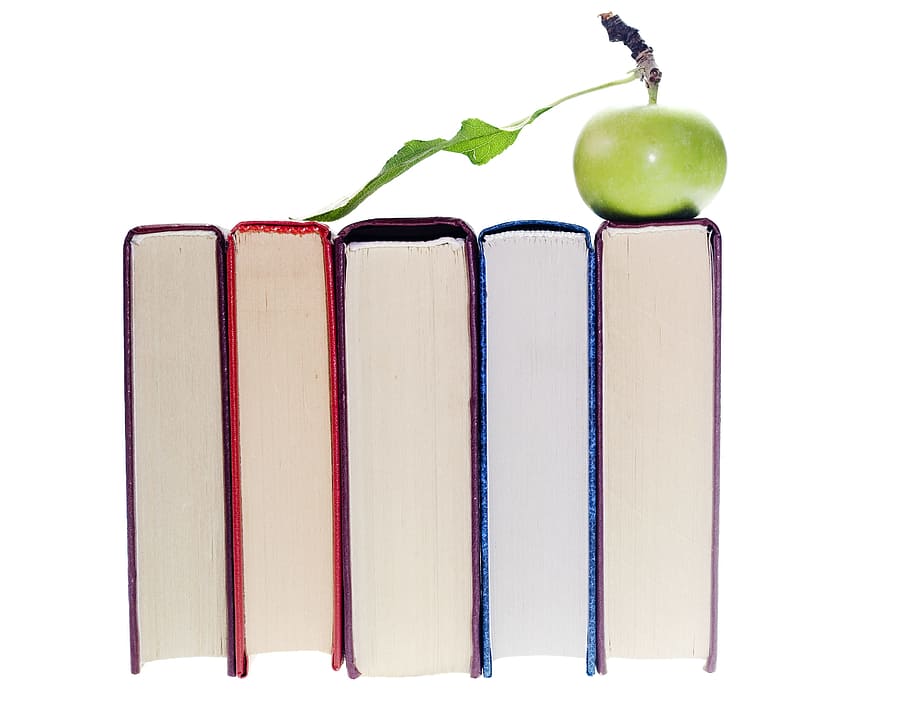 books, apple, learning, school, education, five, white background, studio shot, cut out, indoors