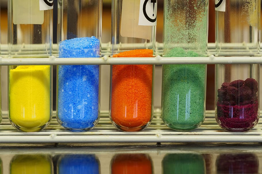 diferente, colorido, inorgânico, sais químicos, usado, laboratório de química, laboratório, farmácia, ciência, produtos químicos