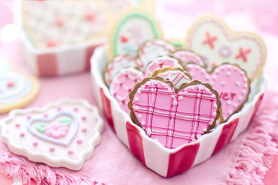 valentine's day, valentine, cookies, hearts, decorated, love, romantic, romance, heart, pink
