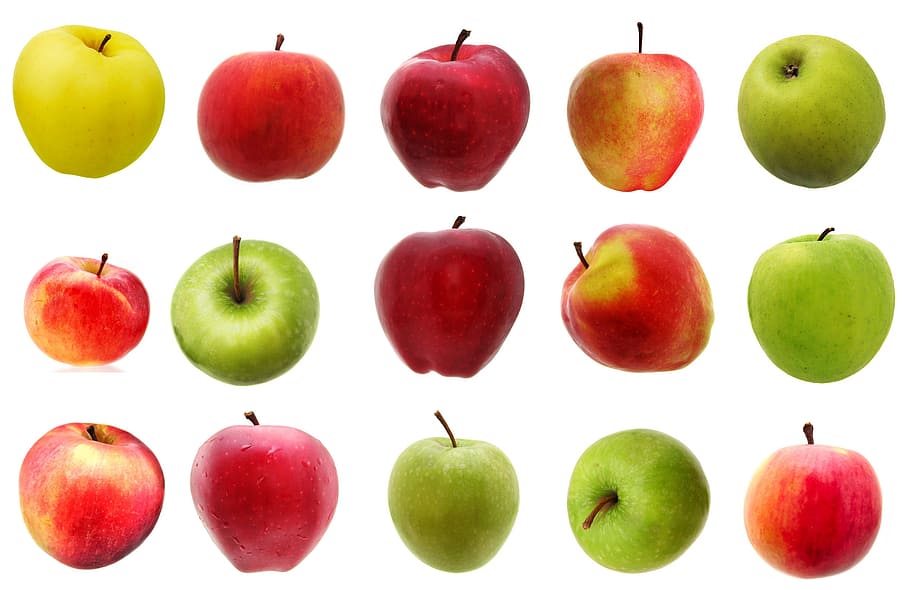 buah, terisolasi, varietas, hijau, merah, diet, apel, segar, makanan, mentah