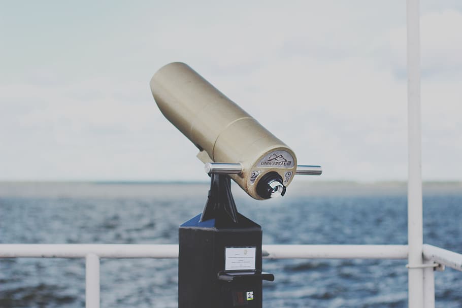 telescope, beach, sea, water, clouds, white, boat, ship, viewer, sky
