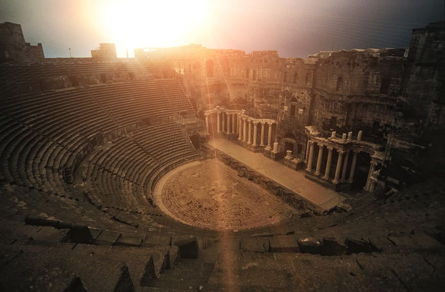 teatro romano, bosra, siria, anfiteatro, rondelle, puesta de sol, antika, antigüedades, históricamente, rayos
