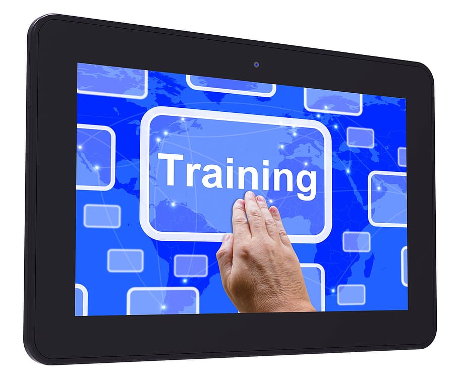 treinamento, tablet, toque, tela, significado, educação, desenvolvimento, aprendizagem, mão, instruindo