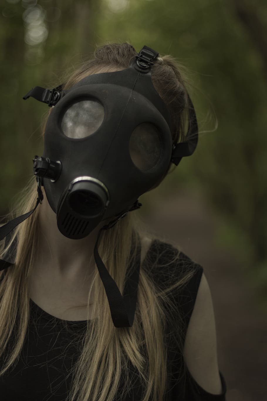 gas, mask, nuclear, apocalypse, woman, headshot, hair, portrait, one person, hairstyle