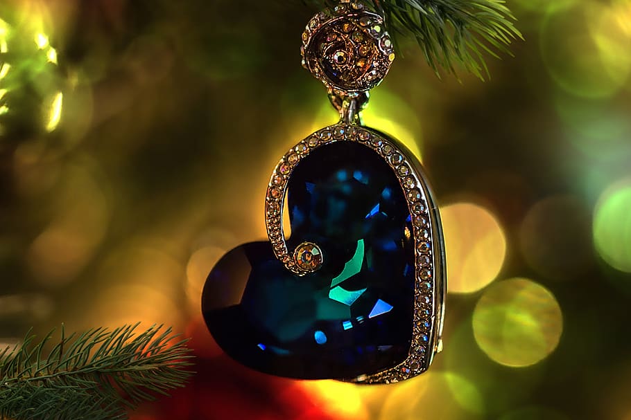 perhiasan, jantung, trailer, natal, pohon cemara, cabang, bokeh, cahaya, cinta, desain