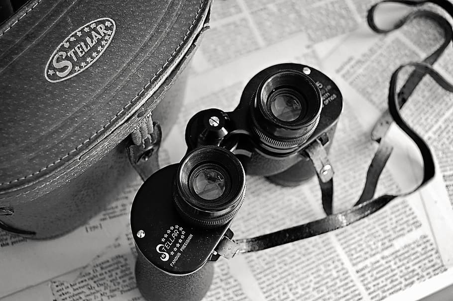vintage, binoculars, newspaper, view, magnify, strap, black and white, case, distance, close-up