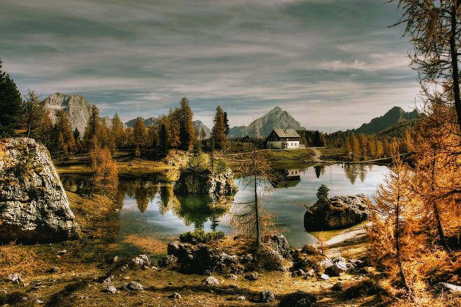 bergsee, dolomites, lago federa, alpine, mountains, landscape, italy, nature, lake, alm