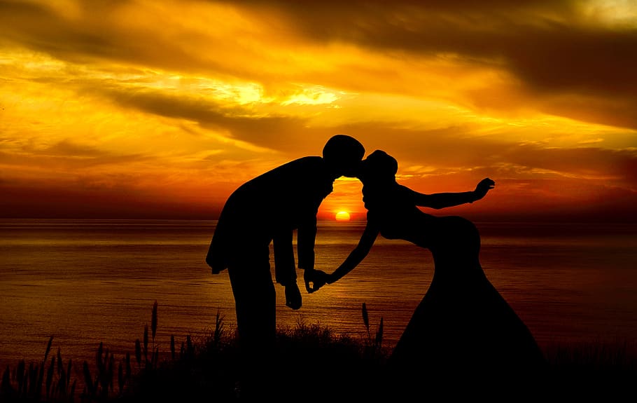 couple, silhouette, sunset, sunrise, landscape, love, romance, life, kiss, man