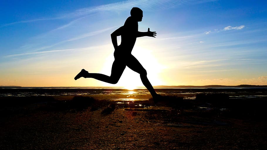sunset, sport, jogging, silhouette, nature, the activity, sports, hobbies, sky, water