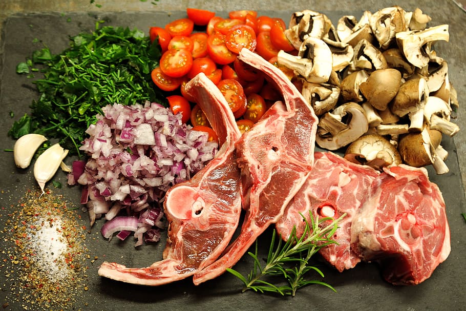lamb, lamb meat, food, eat, rosemary, lamb chop, mediterranean, crown roast of lamb, mushroom, tomatoes