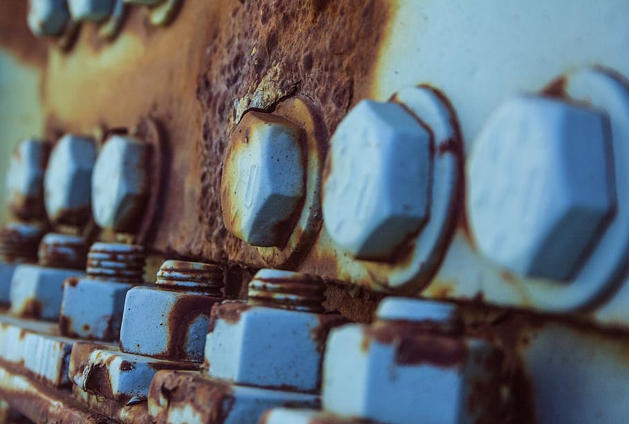 rusted, bolts, iron, metal, steel, security, corrosion, nut, turquoise, industry