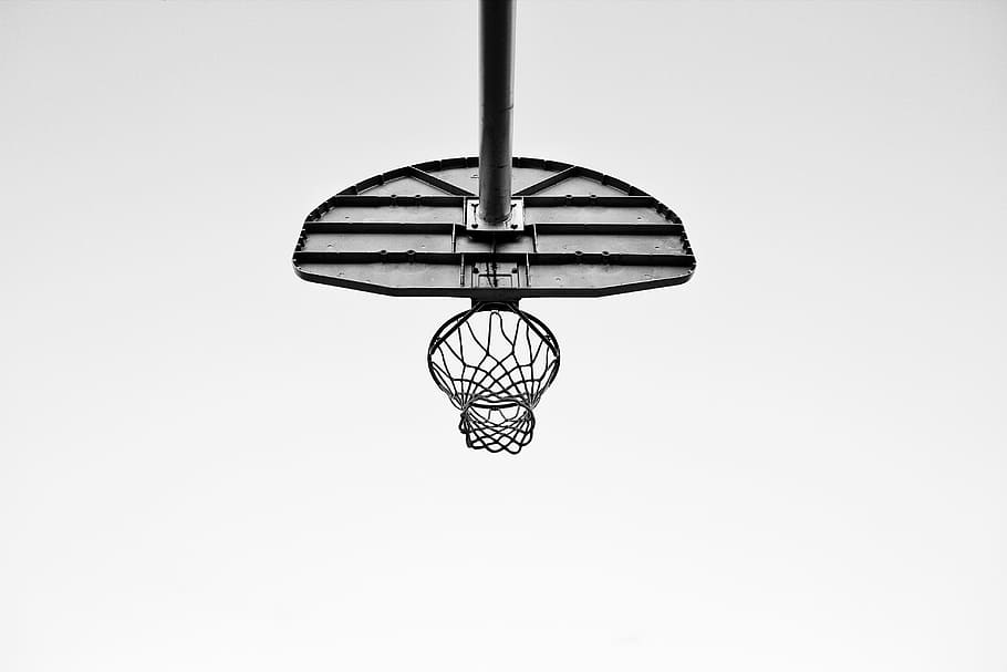 tribunal, anel, esporte, basquete, líquido, preto e branco, monocromático, cesta de basquete, basquete - esporte, vista de ângulo baixo