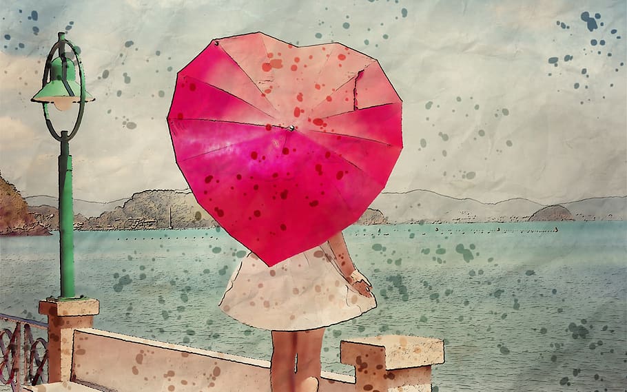 guarda-chuva, colorido, senhora, arte, foto, manipulação, menina, campo, vintage, agua