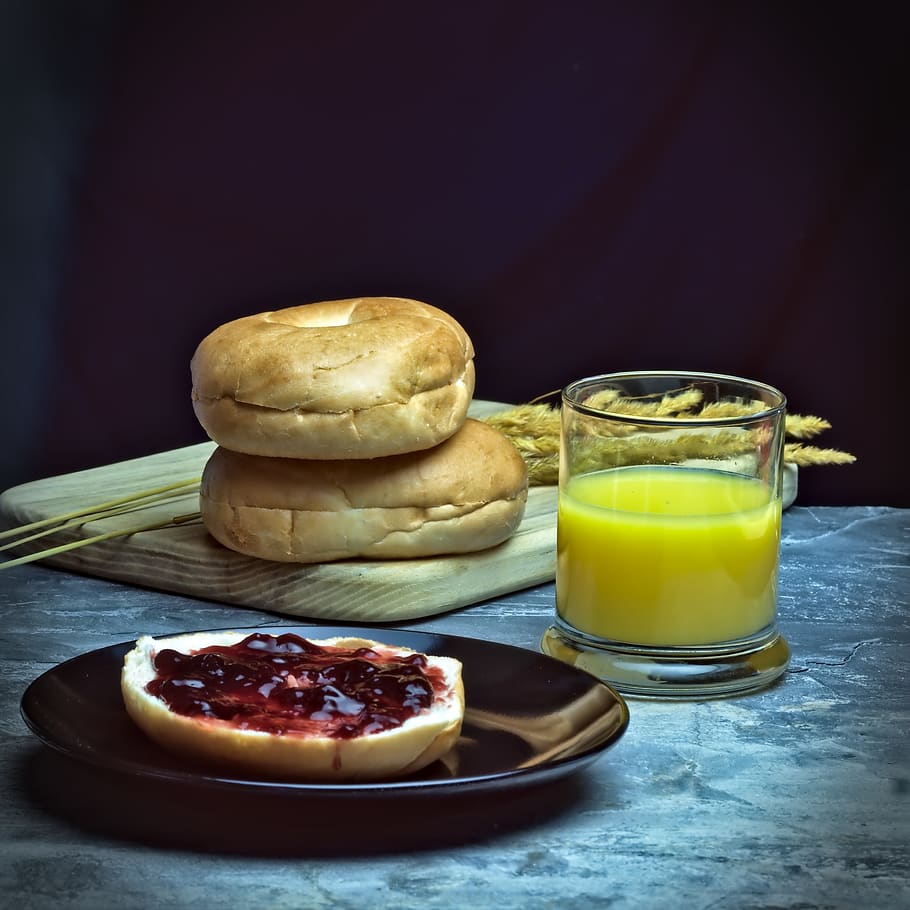 bagel, jelly, juice, sweet, fruit, freshness, delicious, snack, yummy, jellies