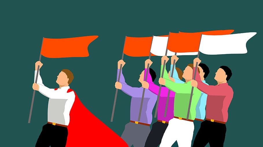 líderes marcham bandeira, marchando, juntos., ilustração., líder, equipe de negócios, empresários, CEO, comum, objetivos
