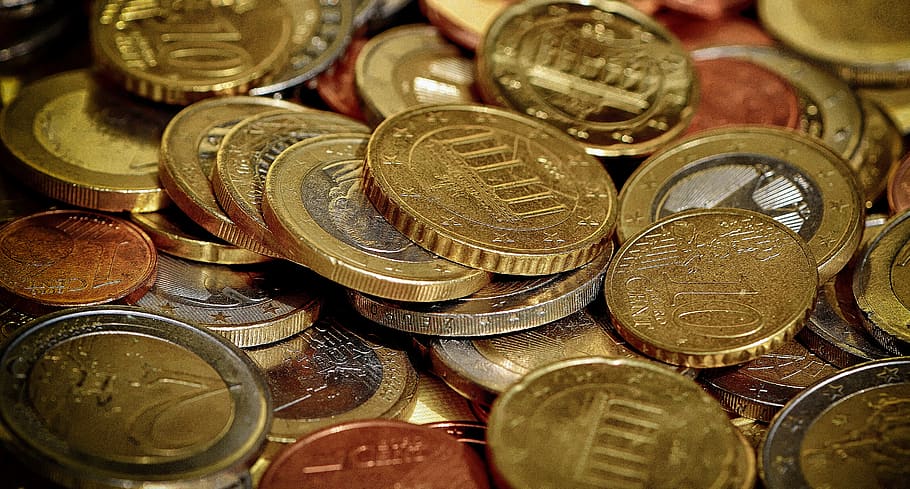 monedas, dinero, moneda, euro, especie, cambio suelto, oro, metal, dinero metálico, finanzas