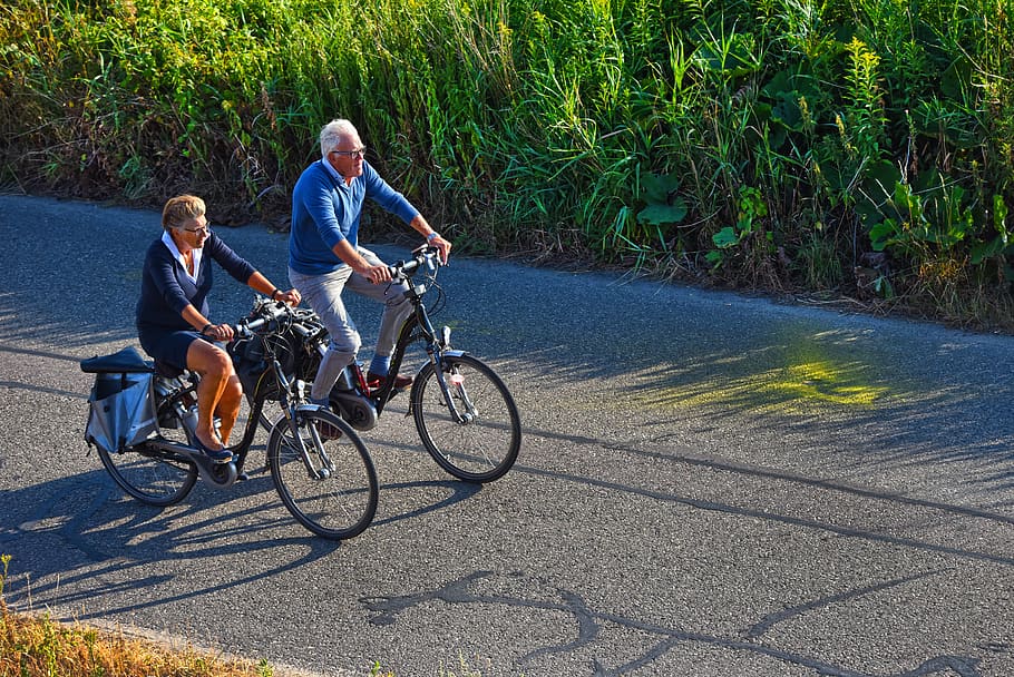 bicicleta, ciclistas, ciclismo, paseo en bicicleta, hombre, mujer, dos, juntos, pareja, persona