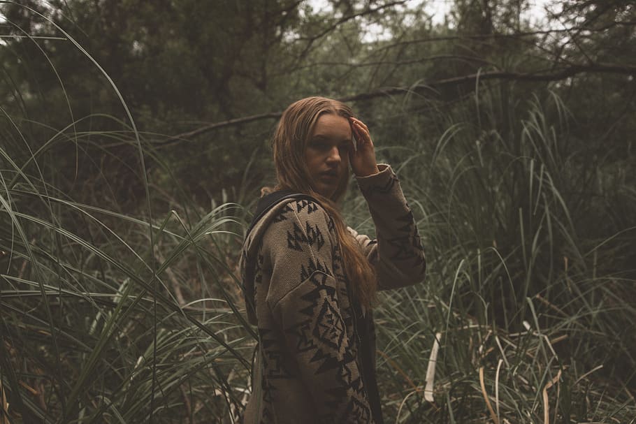 woman, fashion, woods, blonde, hair, forest, girl, grass, outdoors, person